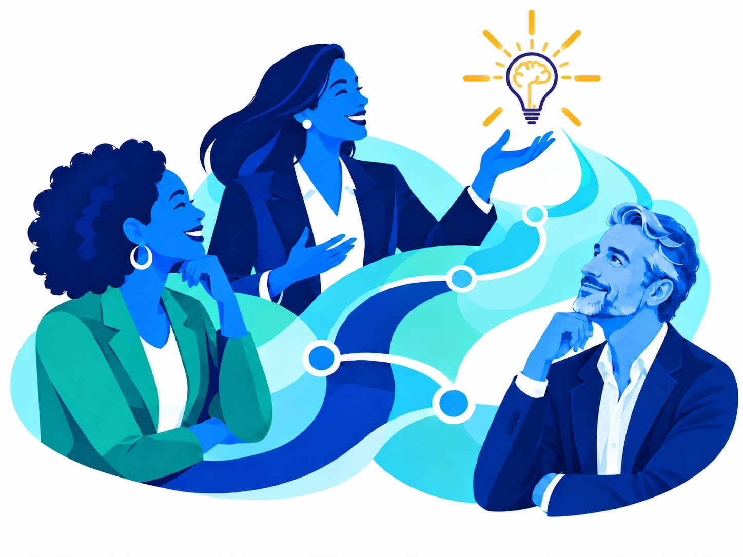 Two women and one man aligning around a shared path toward a lightbulb representing collective insight