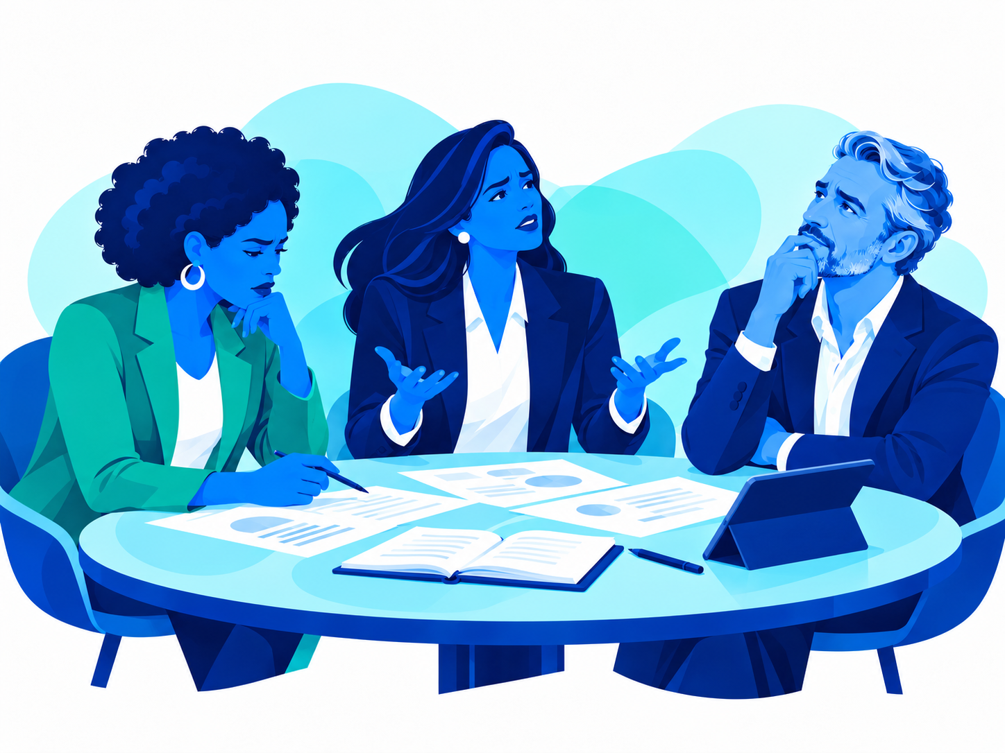 Three executives around a round table considering papers, a notebook, and a tablet while struggling to determine what comes next